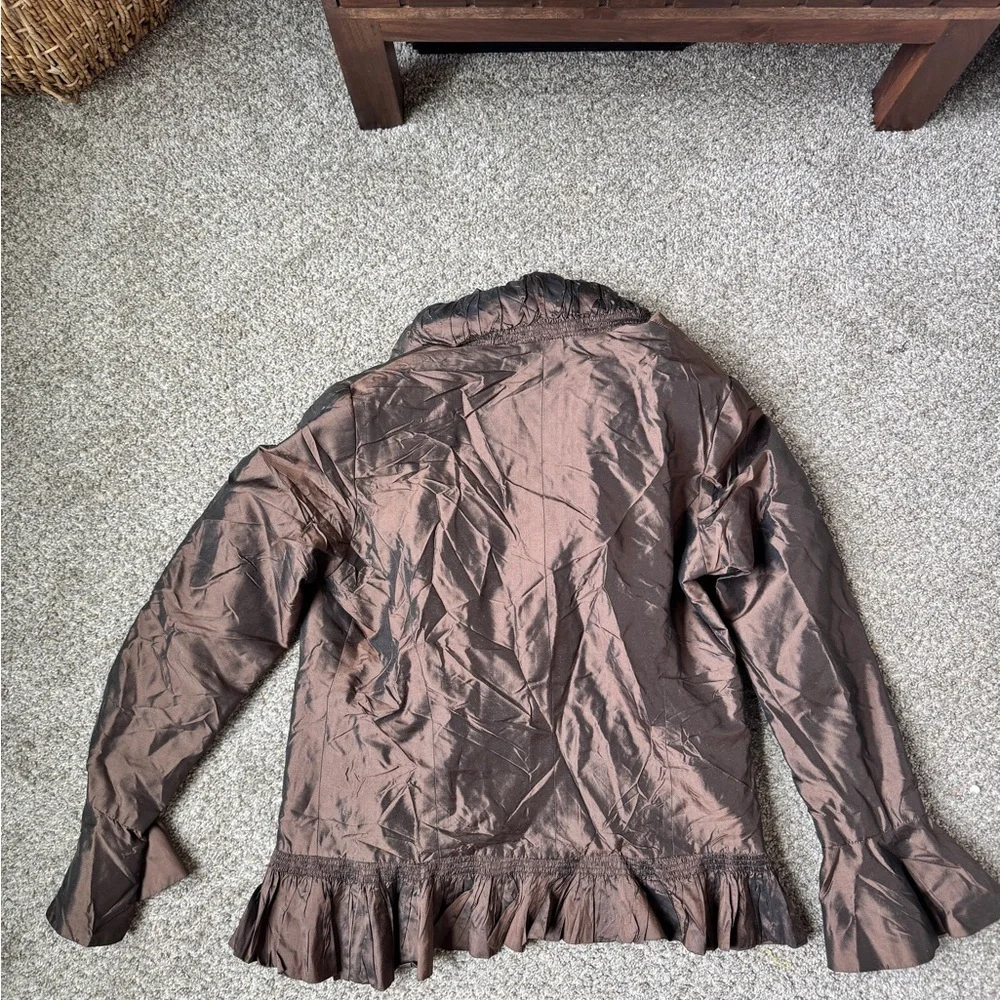 Zina Eva 100% Silk Vintage Brown Ruffle-Trim Jacket